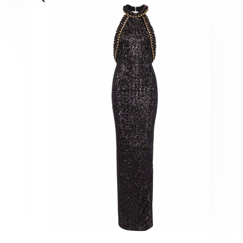 BALMAIN Black sequins halter dress.